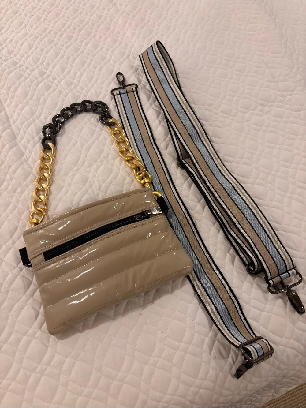 THINK ROYLN Beige Patent Quilted Crossbody with Gold & Black Chain